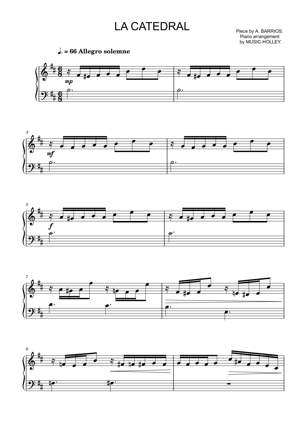 Barrios - La Catedral (easy piano sheet) (arr. Music-holley)