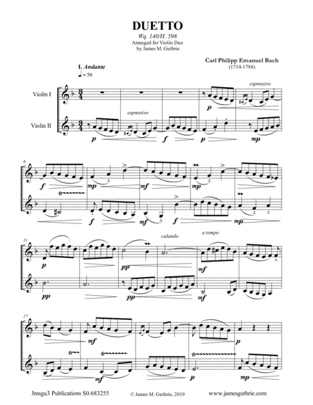 CPE Bach: Duetto Wq. 140 for Violin Duo (arr. James M. Guthrie, ASCAP)