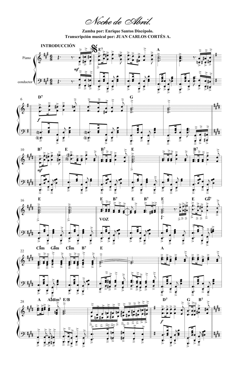 Noche de Abril - Zamba por: Enrique Santos Discépolo. (arr. Juan Carlos Cortés A.)