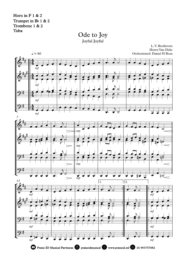 Ode to Joy - Joyful Joyful - Easy Brass Quartet (arr. Daniel H Rosa)