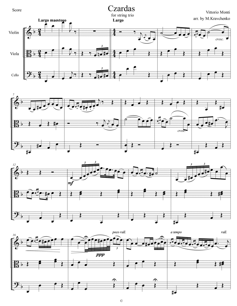 Vittorio Monti - Czardas arr. violin, viola and cello (score and parts) (arr. Maksym Kravchenko)