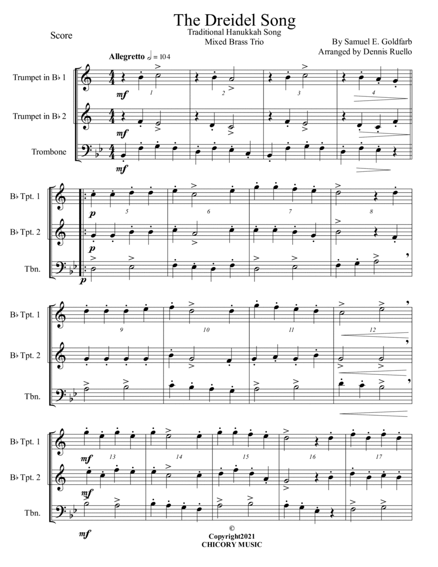 The Dreidel Song - Mixed Brass Trio - Advanced Intermediate (arr. Dennis Ruello)