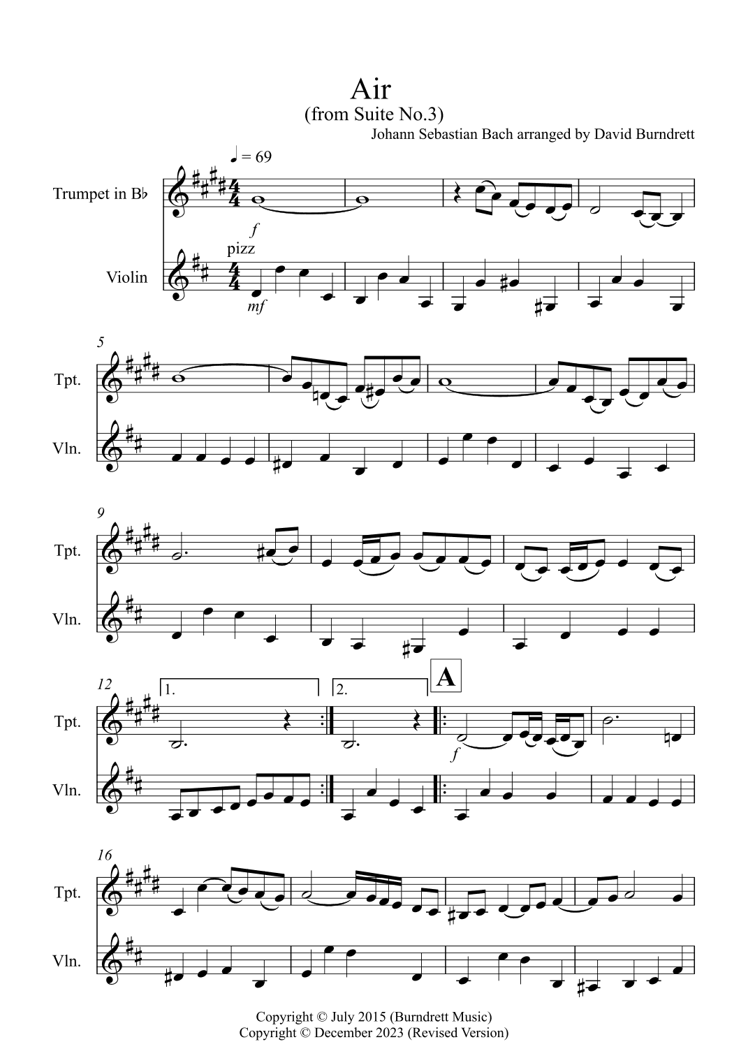 Air on a G String for Trumpet and Violin Duet (arr. David Burndrett)