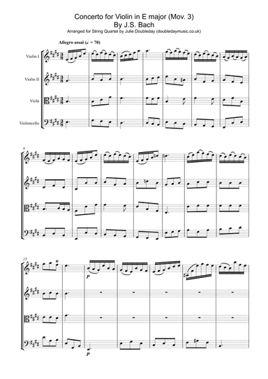 Bach: Concerto for Violin in E major Mov 3 for String Quartet - Score and Parts (arr. Julie Doubleday)