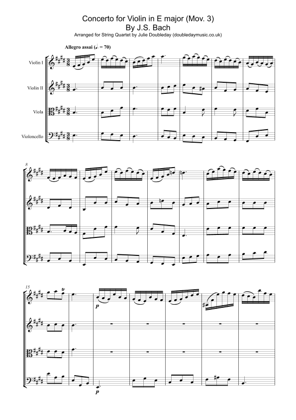 Bach: Concerto for Violin in E major Mov 3 for String Quartet - Score and Parts (arr. Julie Doubleday)