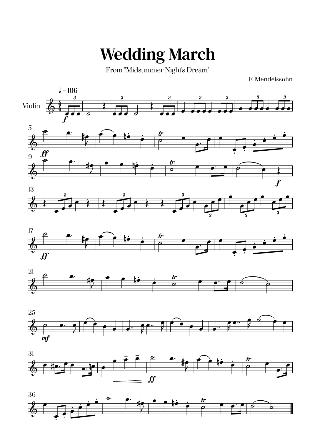 Felix Mendelssohn - Wedding March From Midsummer Night's Dream for Violin Solo (arr. Cadenza Editions)