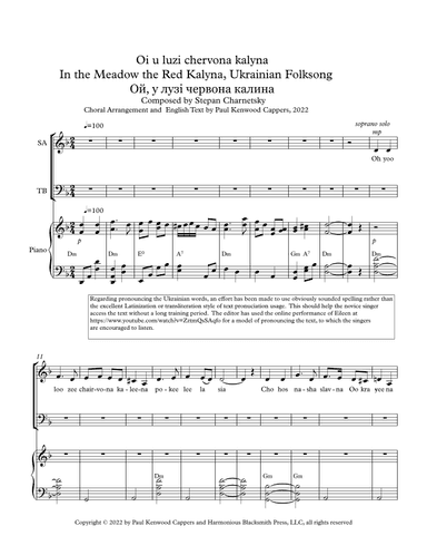 Oi u luzi chervona kalyna, In the Meadow the Red Kalyna, Ukrainian Folksong (arr. Paul Kenwood Cappers)