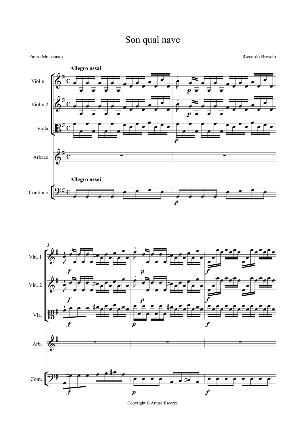 "Son qual nave" - Artaserse - Riccardo Broschi - Full Score (arr. Arturo Escorza)