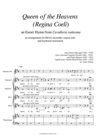 Queen of the Heaven (Regina coeli) from Cavalleria rusticana, SSAA, soprano solo, piano, full versio (arr. Ivana Tuskan)