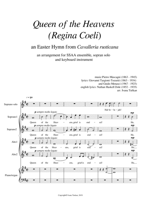 Queen of the Heaven (Regina coeli) from Cavalleria rusticana, SSAA, soprano solo, piano, full versio (arr. Ivana Tuskan)