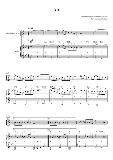 AIR - Bach (Clarinet in Bb and Piano chords - easy) (arr. Giovanni Porfirio)
