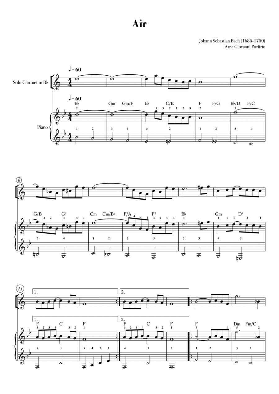 AIR - Bach (Clarinet in Bb and Piano chords - easy) (arr. Giovanni Porfirio)