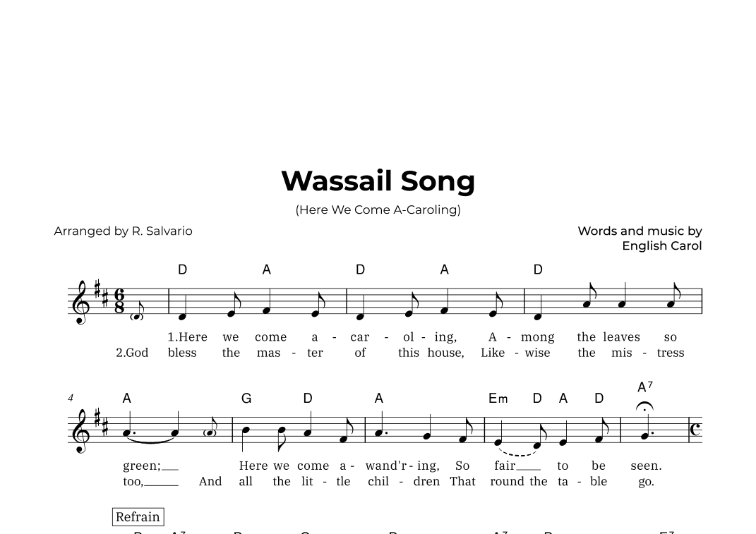 Wassail Song (Here We Come A-Caroling) - Key of D Major (arr. R. Salvario)