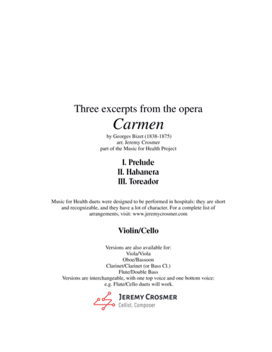 Bizet: "Prelude, Habanera, and Toreador" from Carmen - Music for Health Duet Violin/Cello (arr. Jeremy Crosmer)