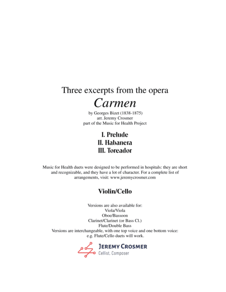 Bizet: "Prelude, Habanera, and Toreador" from Carmen - Music for Health Duet Violin/Cello (arr. Jeremy Crosmer)