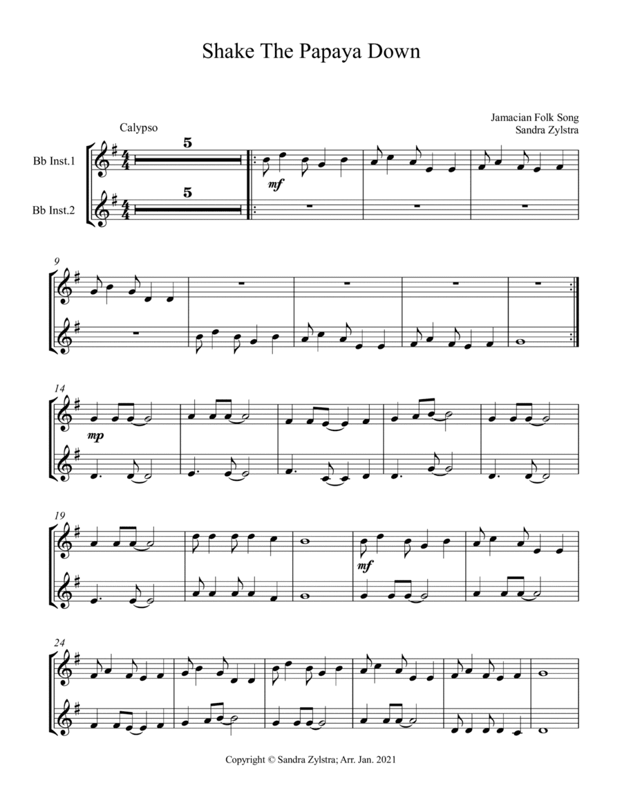 Shake The Papaya Down (Bb instrument duet, parts only) (arr. Sandra Zylstra)