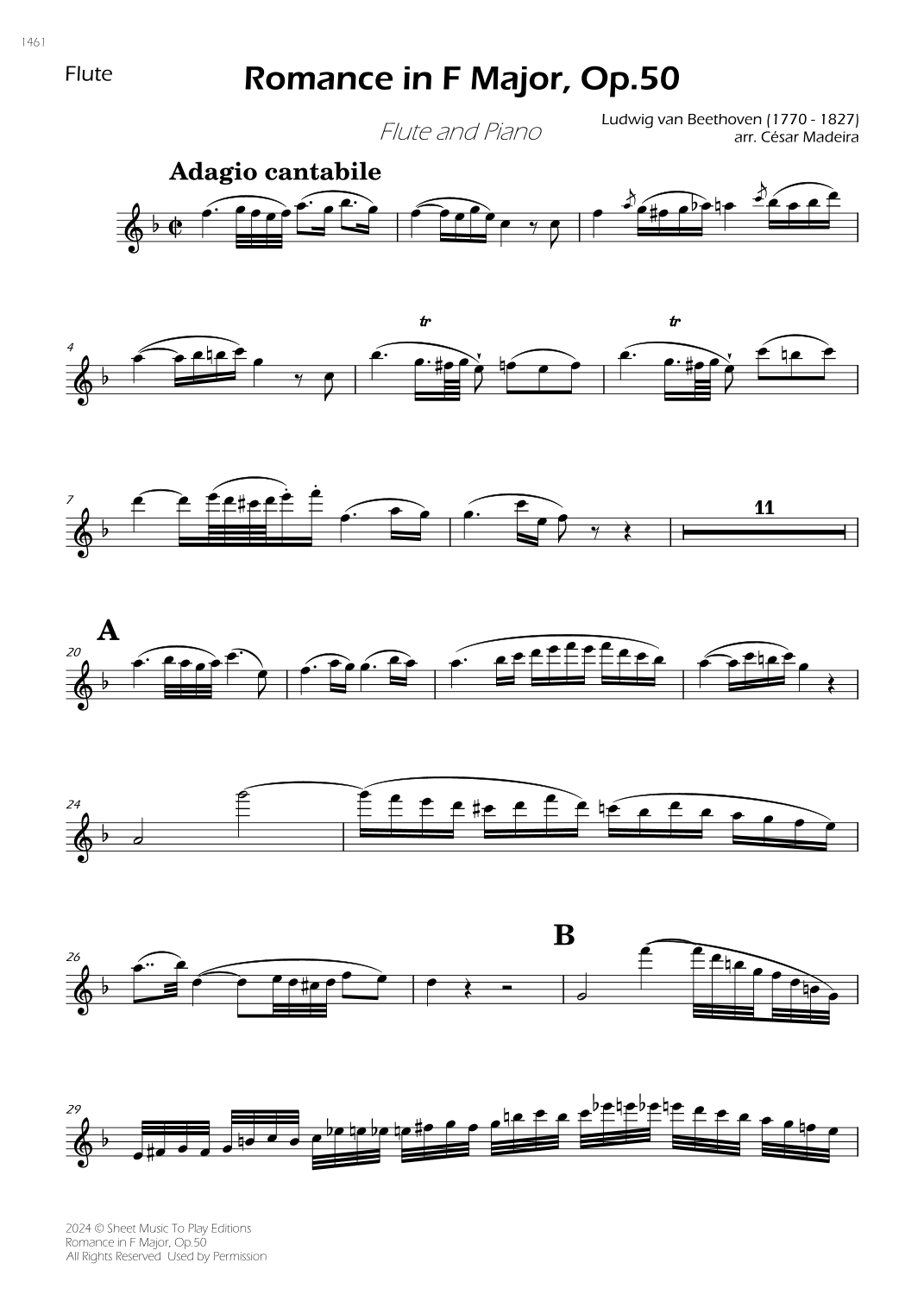 Romance in F Major, Op.50 - Flute and Piano (Individual Parts) (arr. César Madeira)