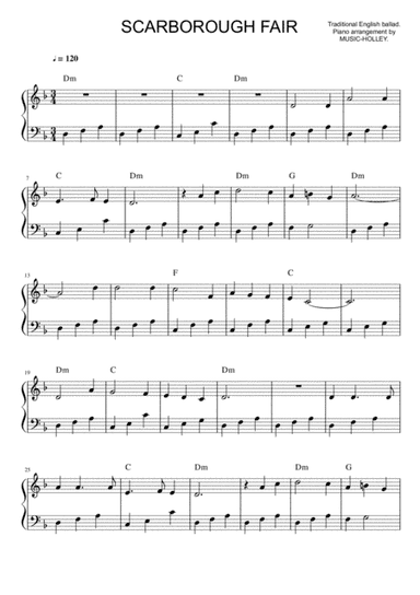 Scarborough Fair - Traditional English Ballad (easy piano sheet) (arr. Music-holley)
