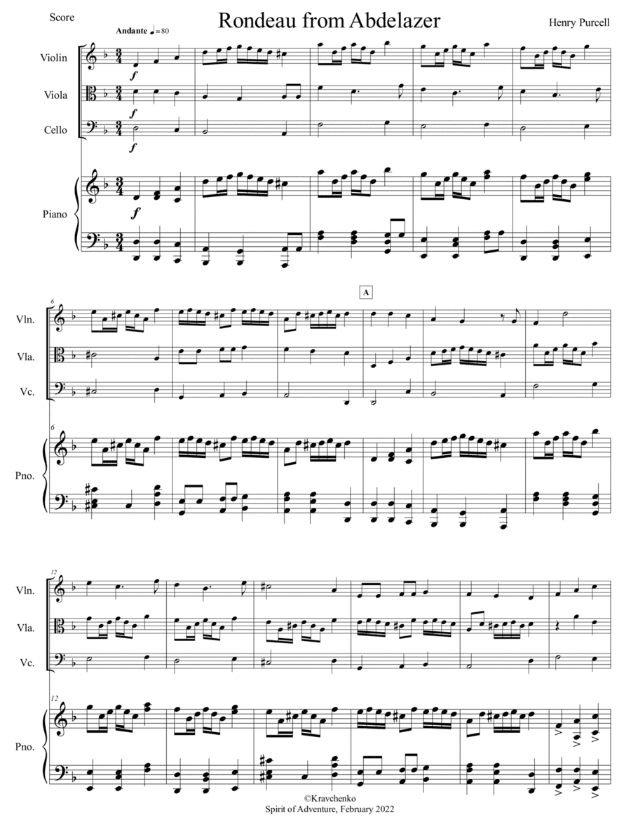 Henry Purcell - Rondo from Abdelazer Suite arr. for piano quartet (score and parts) (arr. Julia Samarska)