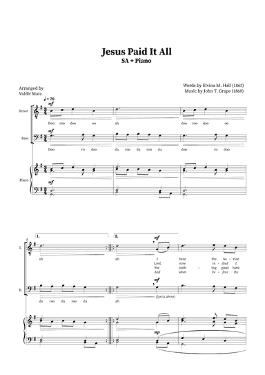Jesus Paid It All - Tenor and Bass Duet or Choir (Piano Accompaniment) (arr. Valdir Maia)