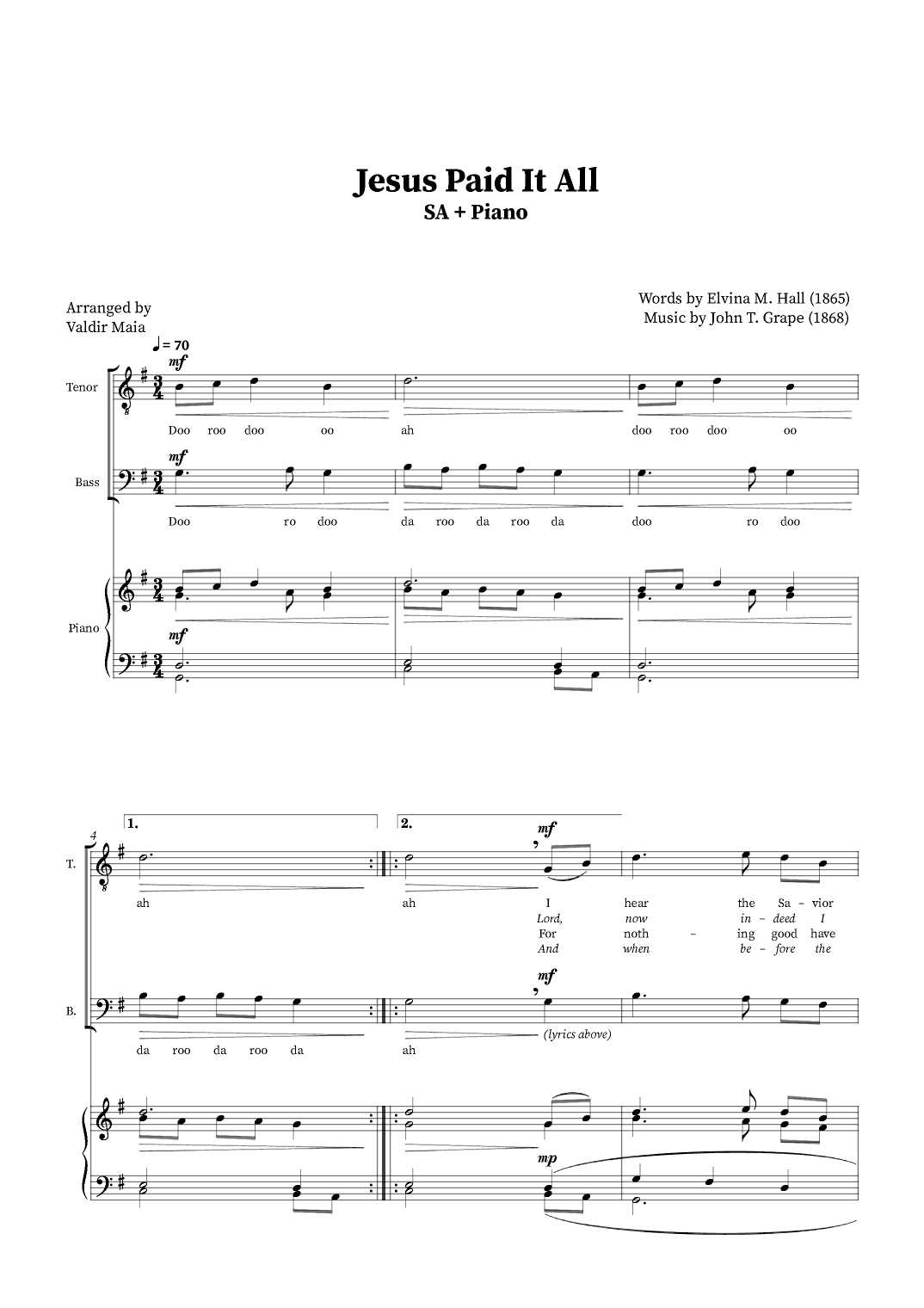 Jesus Paid It All - Tenor and Bass Duet or Choir (Piano Accompaniment) (arr. Valdir Maia)