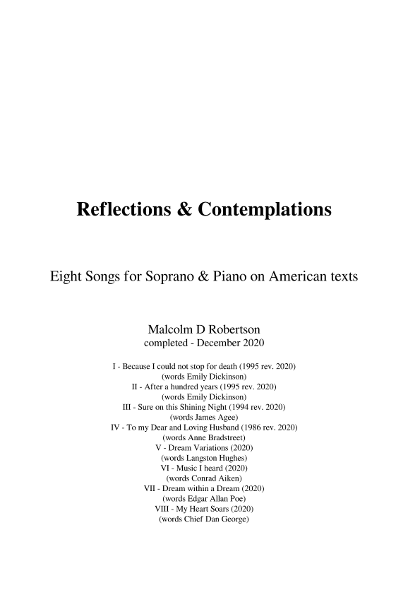 Reflections and Contemplations: a Cycle of eight poems on American texts for soprano & piano