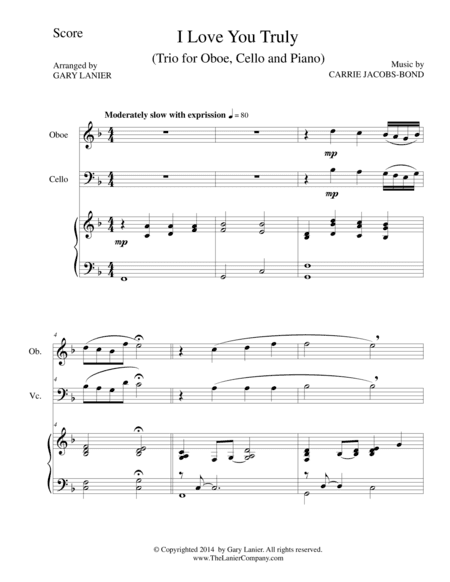 I LOVE YOU TRULY (Trio – Oboe, Cello, and Piano with Score and Parts) (arr. Gary Lanier)