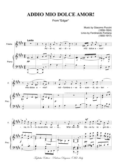 ADDIO MIO DOLCE AMOR (From "Edga"). G. Puccini - For Soprano, Unison Chorus and Piano (arr. Renato Tagliabue)