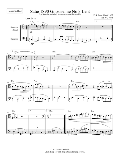 Satie Gnossienne No 3 for Bassoon Duet With Chords (arr. R G Roth)