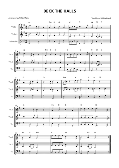 Deck The Halls - String Trio (violin 1, violin 2 and cello) (arr. Valdir Maia)