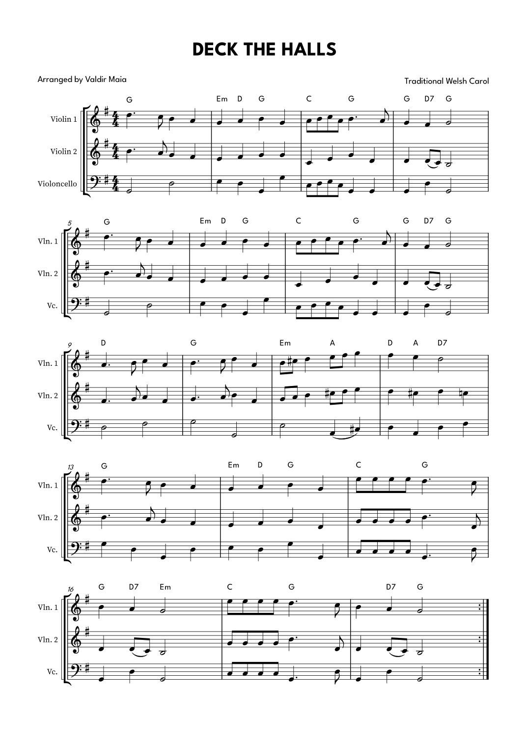 Deck The Halls - String Trio (violin 1, violin 2 and cello) (arr. Valdir Maia)