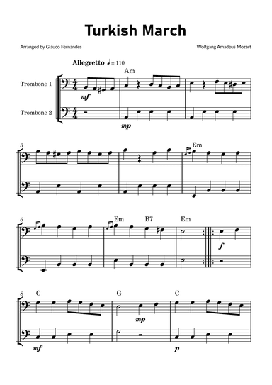 Turkish March by Mozart - Trombone Duet with Chord Notations (arr. Glauco Fernandes)