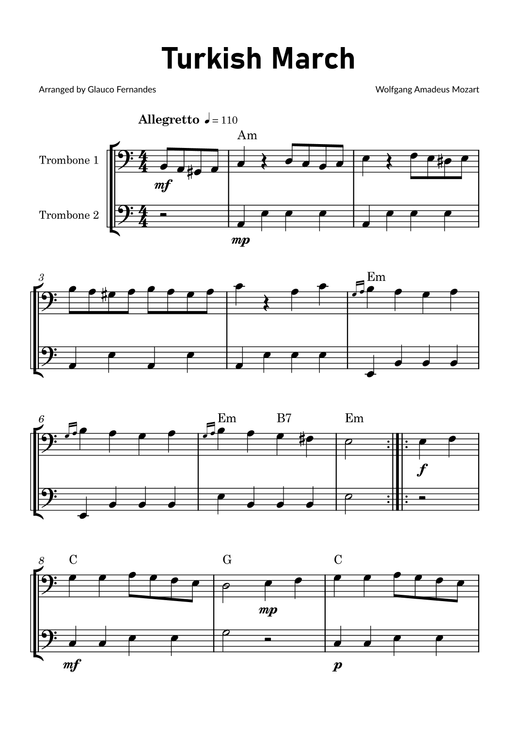 Turkish March by Mozart - Trombone Duet with Chord Notations (arr. Glauco Fernandes)