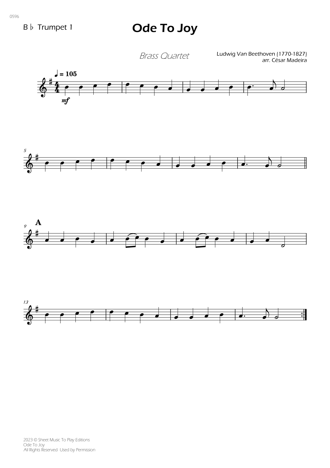 Ode To Joy - Easy Brass Quartet (Individual Parts) (arr. César Madeira)