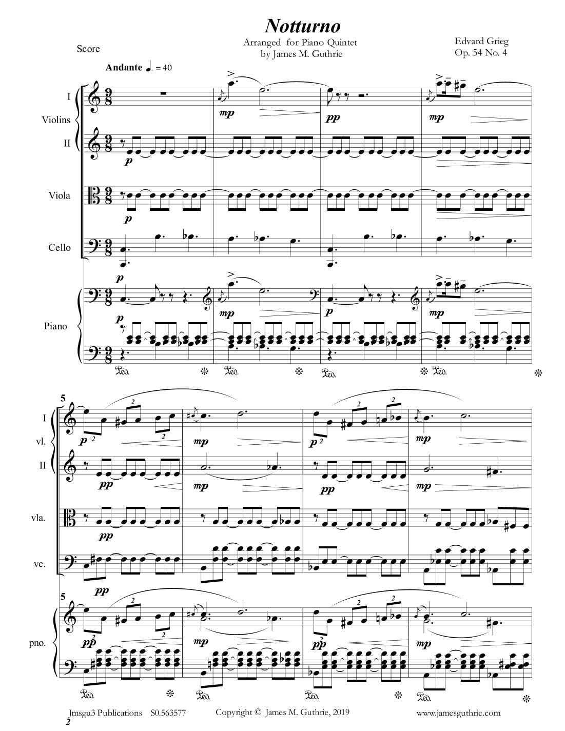Grieg: Notturno Op. 54 No. 4 for Piano Quintet (arr. James M. Guthrie)