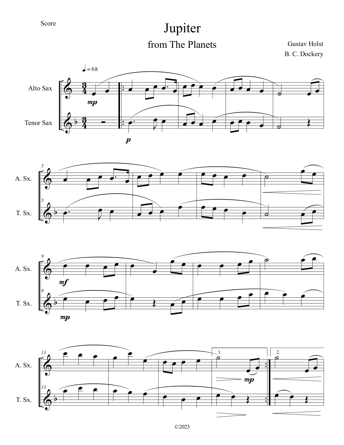 Jupiter (from The Planets) for Alto and Tenor Sax Duet (arr. B. C. Dockery)