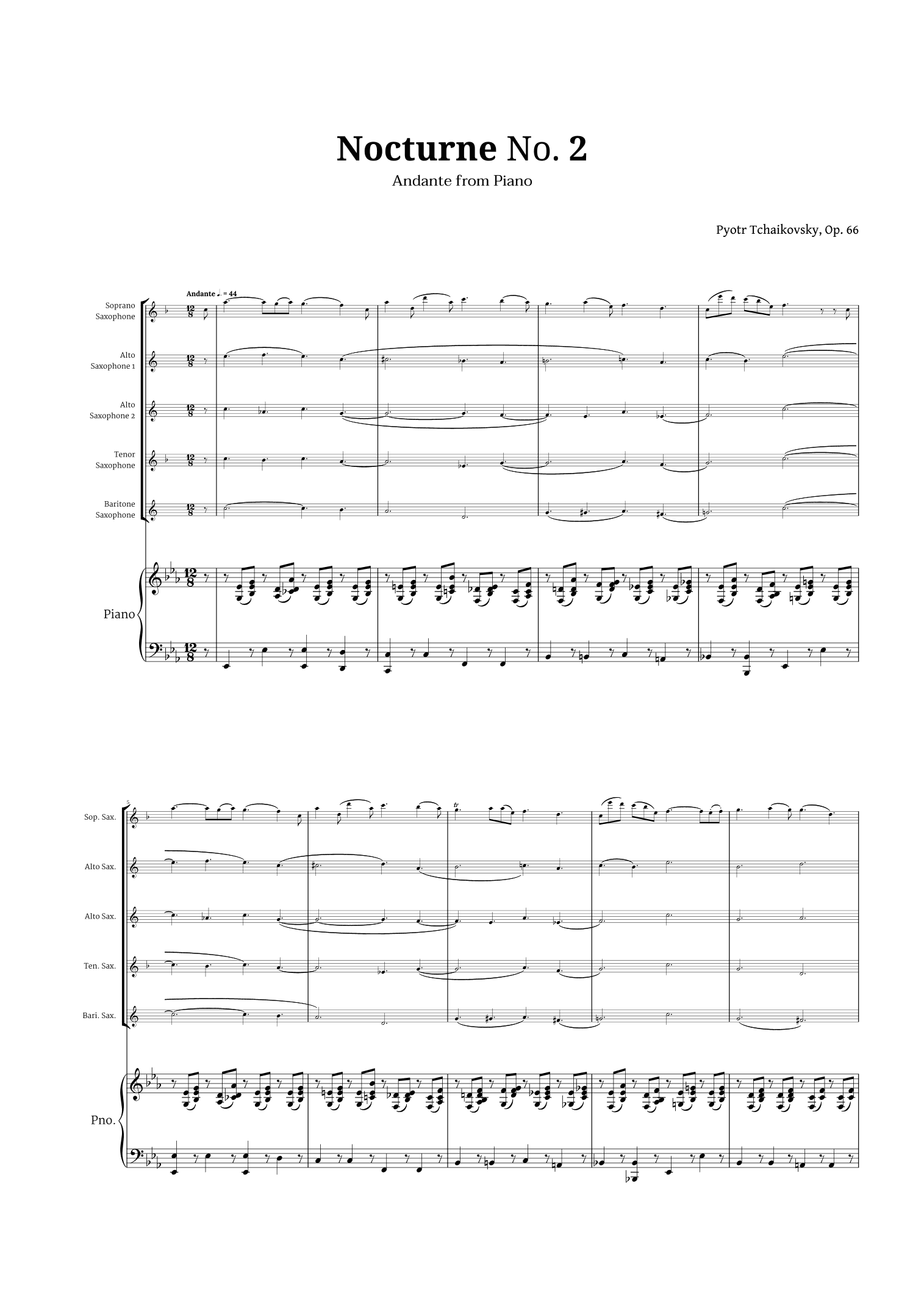 Nocturne by Chopin for Sax Quintet and Piano (arr. Langanho)