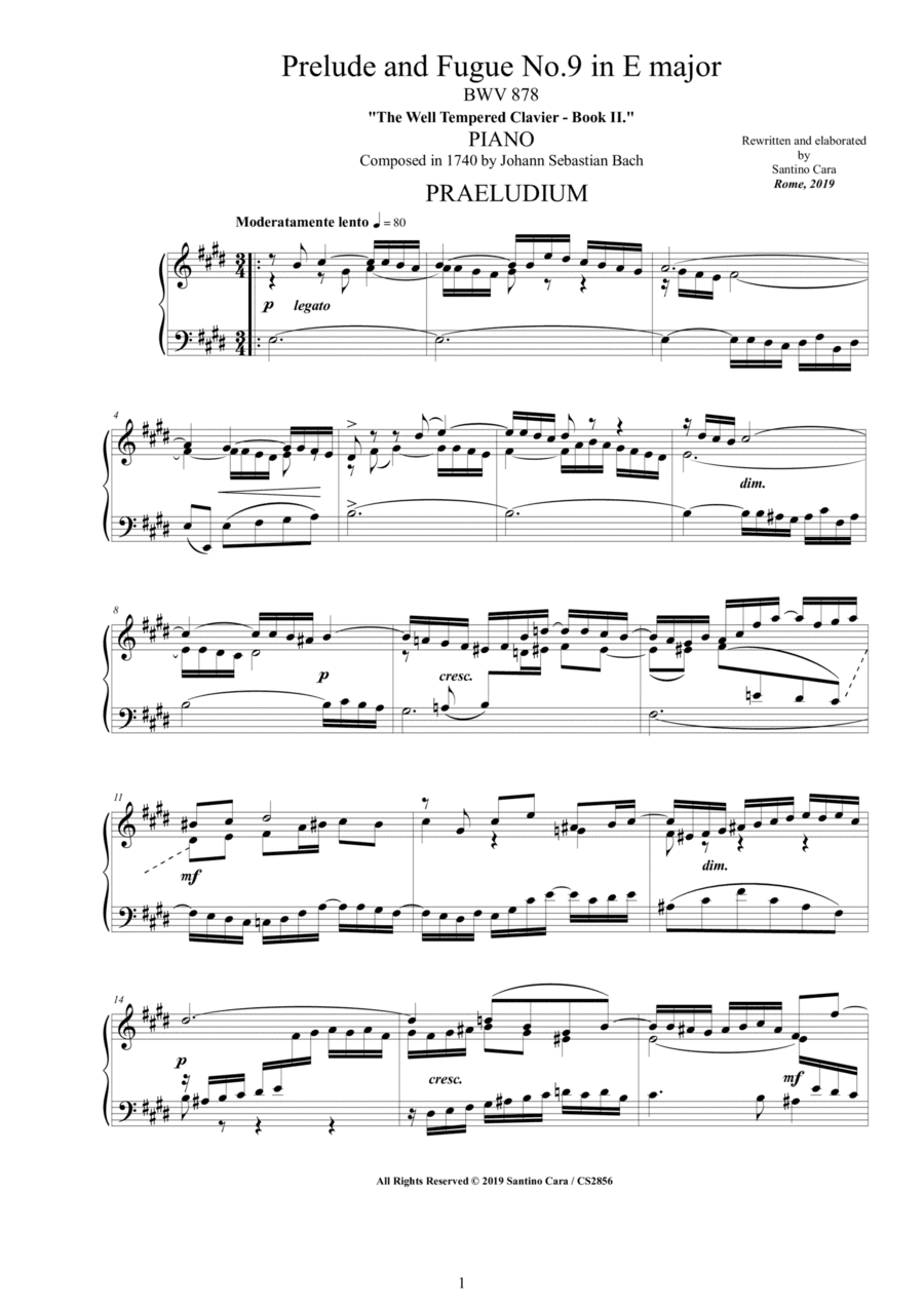 Bach - Prelude and Fugue No.9 in E major BWV 878 for Piano (arr. Santino Cara)