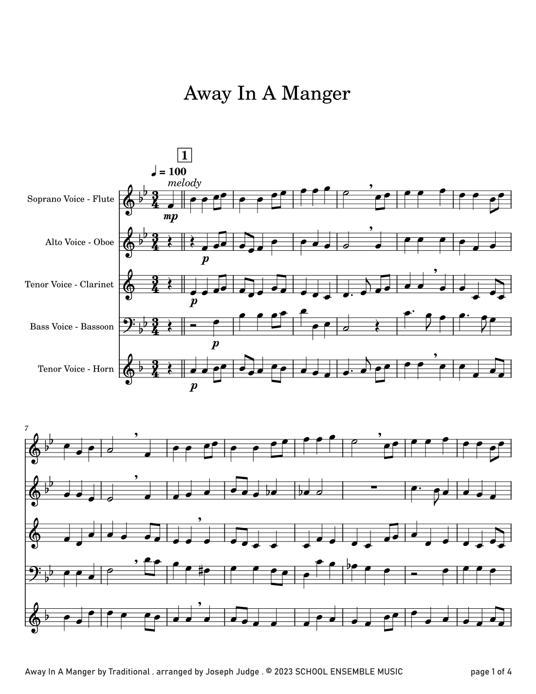 Away In A Manger for Woodwind Quartet in Schools (arr. Joseph Judge)