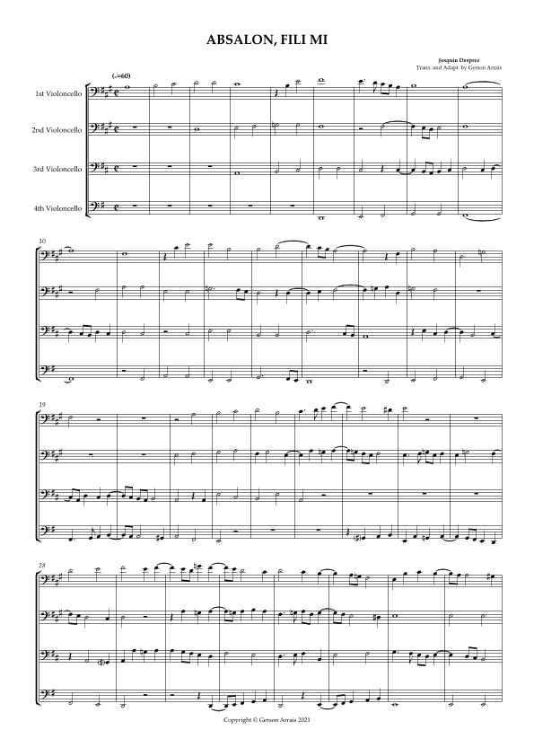 ABSALON, FILI MI - Josquin Desprez - for Violoncello Quartet - Score and Parts (arr. Gerson Arrais)