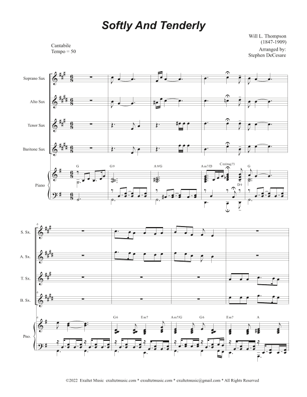 Softly And Tenderly (Saxophone Quartet and Piano) (arr. Stephen DeCesare)