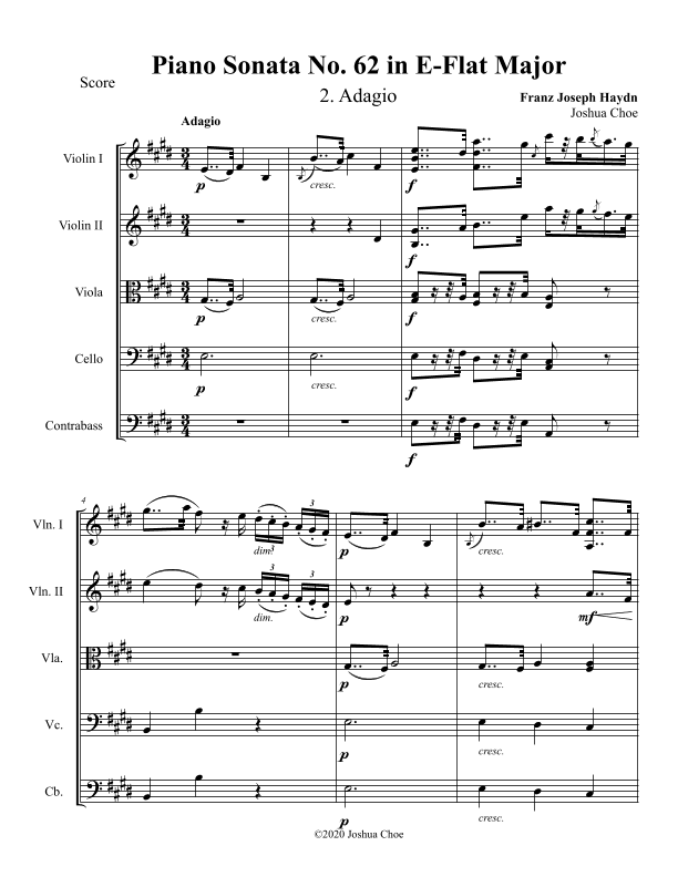 Piano Sonata in E-flat major, Hob.XVI:52, Movement 2 (arr. Joshua Choe)