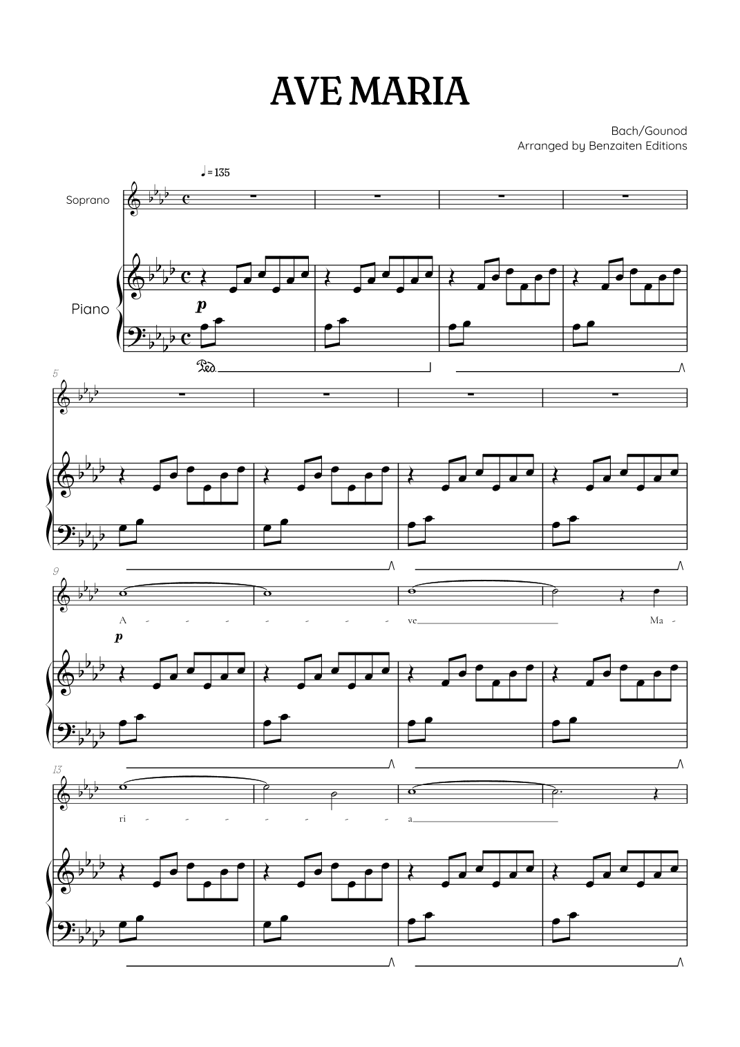 Bach / Gounod Ave Maria in A flat major [Ab] • soprano sheet music with piano accompaniment (arr. Benzaiten Editions)
