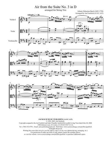 Air from the Third Orchestral Suite (Air on a G String) for String Trio (arr. Joel Jacklich (A.S.C.A.P.))