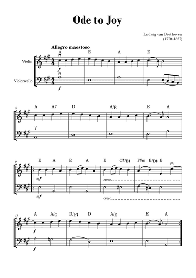 Beethoven - Ode to Joy (for Violin and Cello) - A Major with Chords (arr. Gisele Sant'Ana)