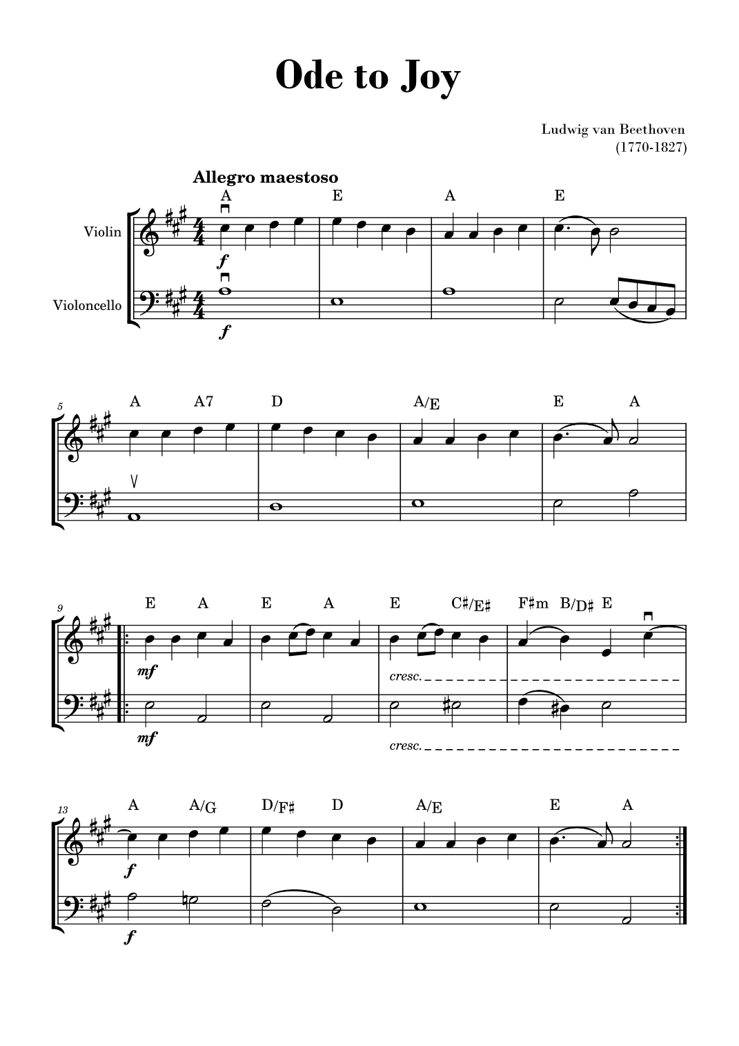 Beethoven - Ode to Joy (for Violin and Cello) - A Major with Chords (arr. Gisele Sant'Ana)