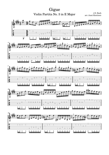 J.S. Bach: Gigue (from Violin Partita No. 3 in E Major) Adaptation for Electric Guitar (arr. Jussi Kontinen)