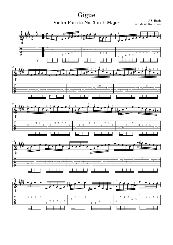 J.S. Bach: Gigue (from Violin Partita No. 3 in E Major) Adaptation for Electric Guitar (arr. Jussi Kontinen)