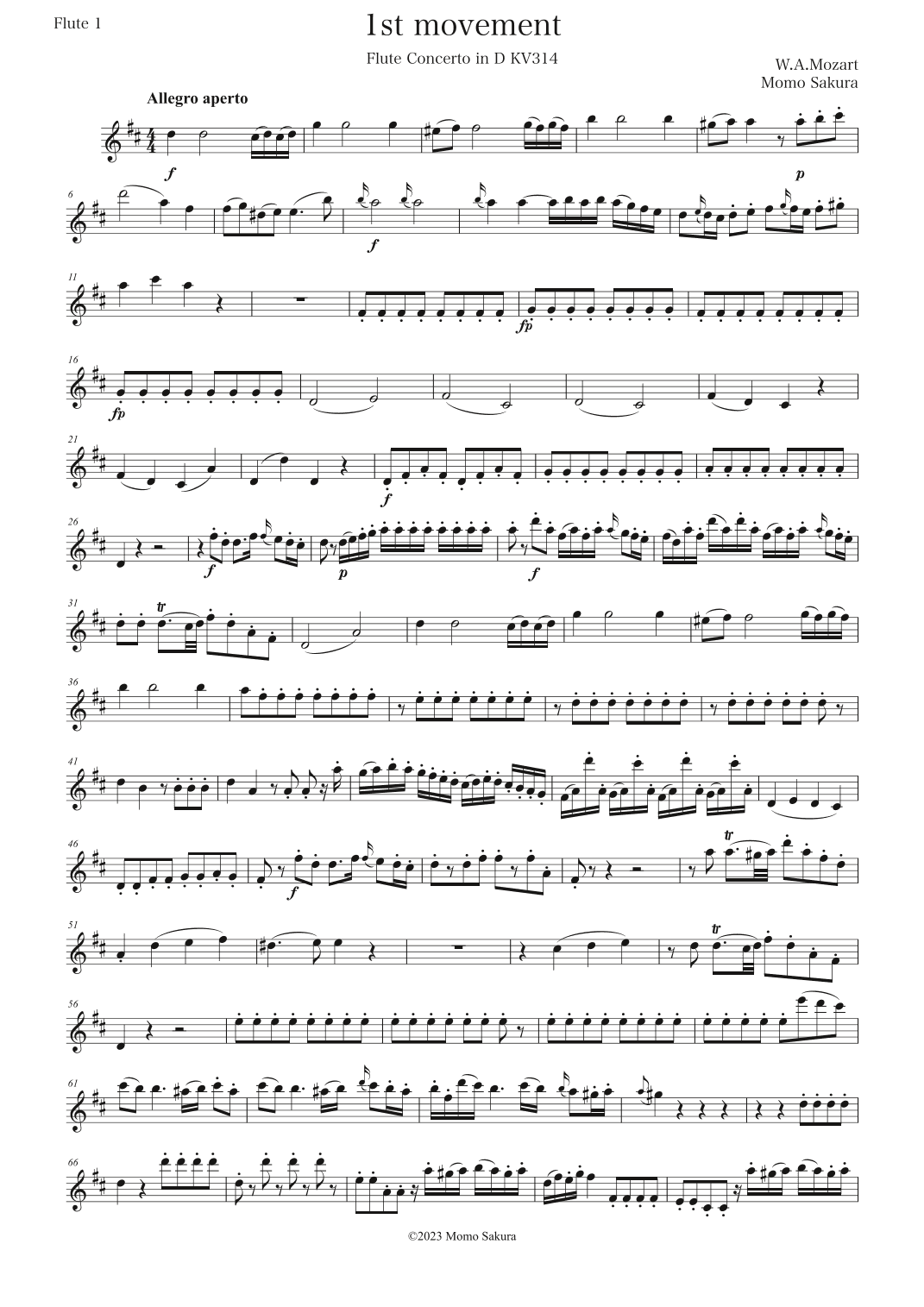 Mozart Flute Concerto No.2 KV314 1st movement arranged for 3 Flutes/ Flute trio  (arr. Momo Sakura)