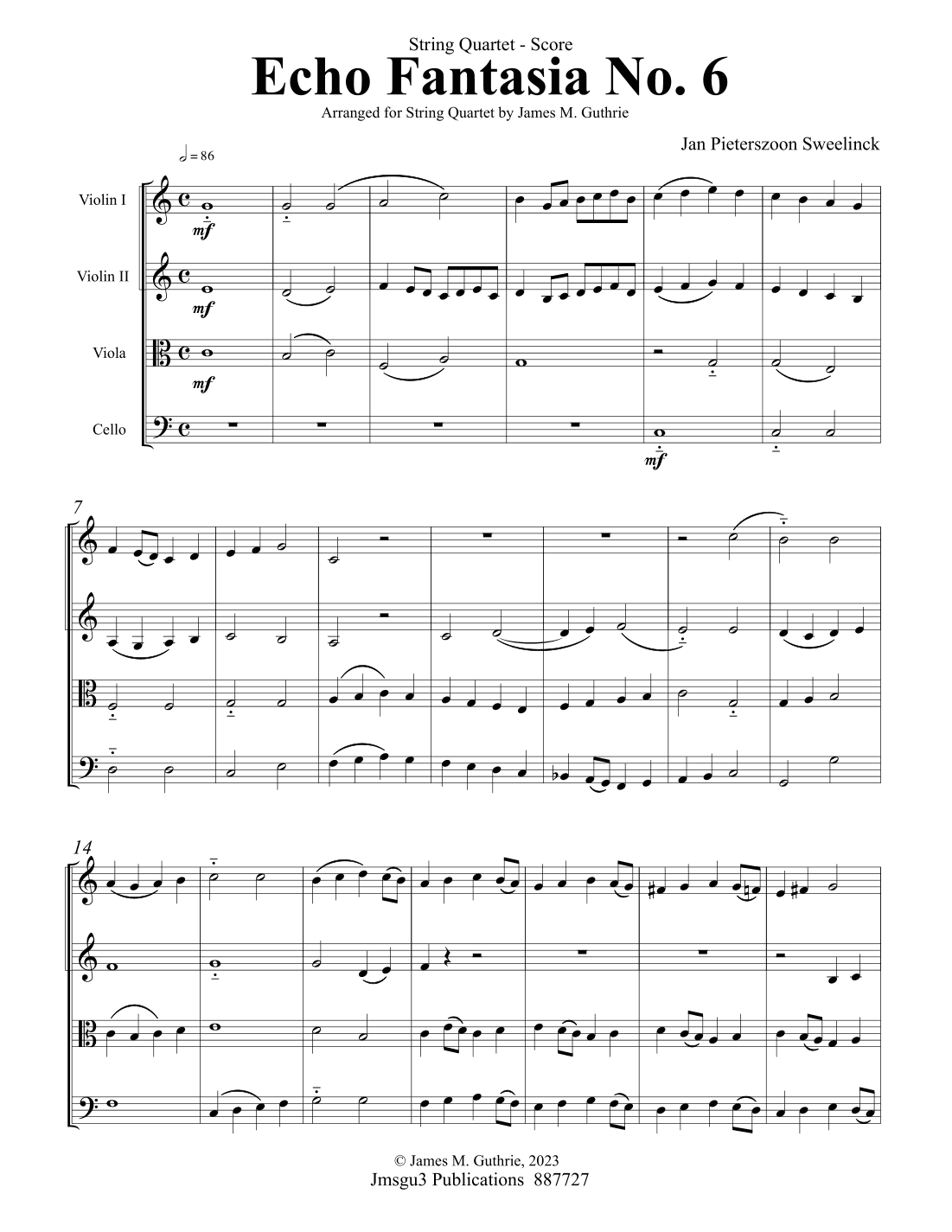 Sweelinck: Echo Fantasia No. 6 for String Quartet (arr. James M. Guthrie)